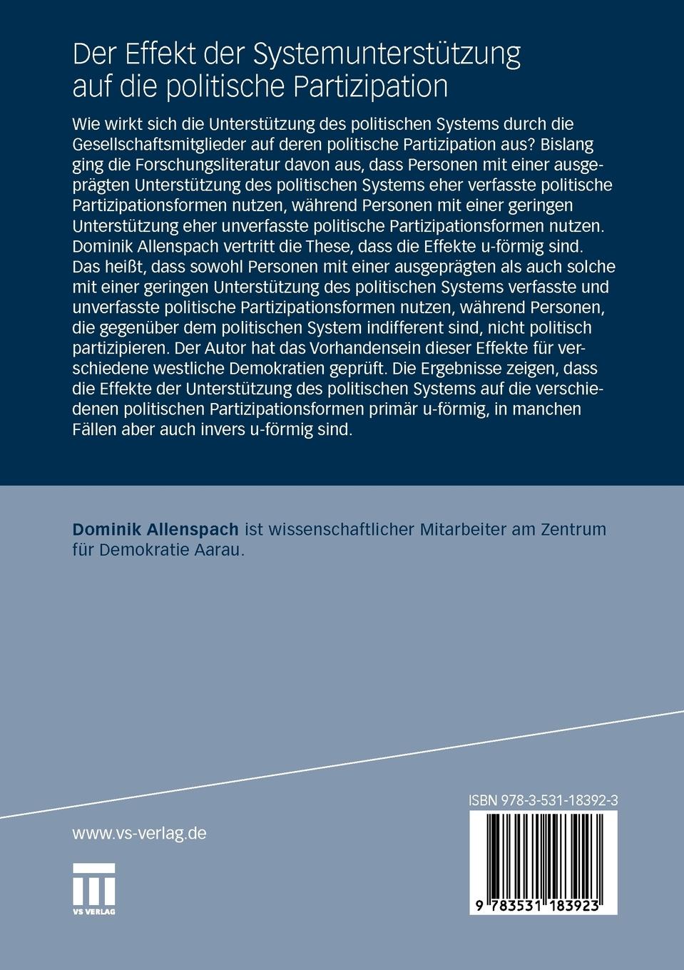 Rückseitencover Der Effekt der Systemunterstützung auf die politische Partizipation