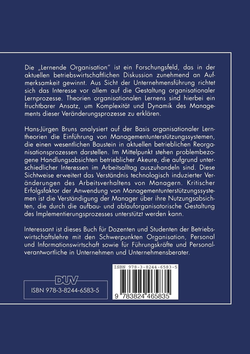Rückseitencover Organisationale Lernprozesse bei Managementunterstützungssystemen