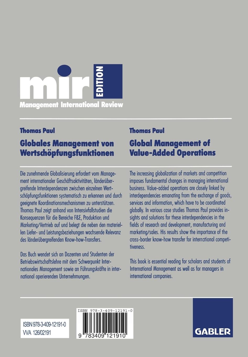 Rückseitencover Globales Management von Wertschöpfungsfunktionen