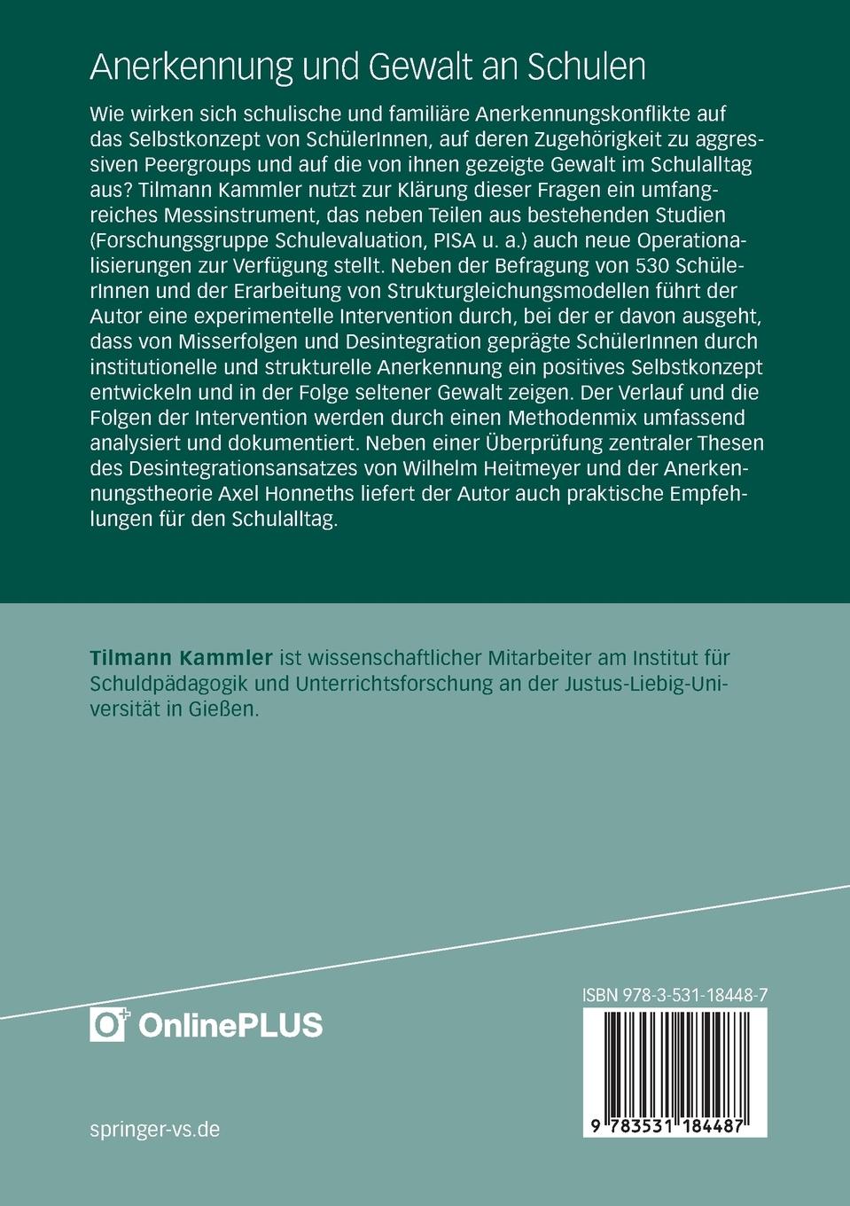 Rückseitencover Anerkennung und Gewalt an Schulen