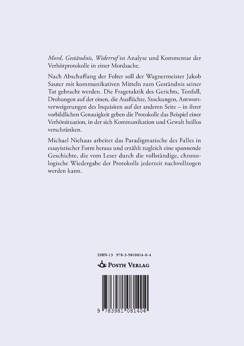 Rückseitencover Mord, Geständnis, Widerruf. Verhören und Verhörtwerden um 1800