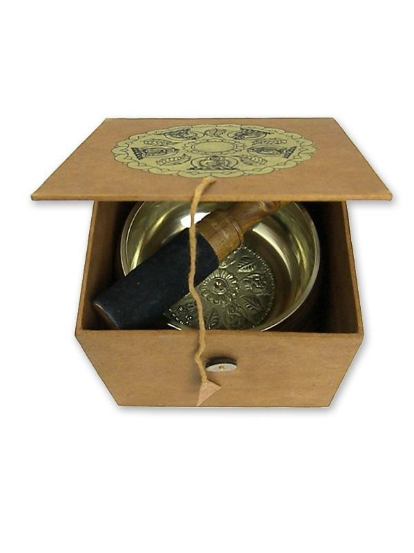 Beispielinhalt (Bild) Dhyani-Klangschale mit bedruckter Geschenkbox mit Zubehör