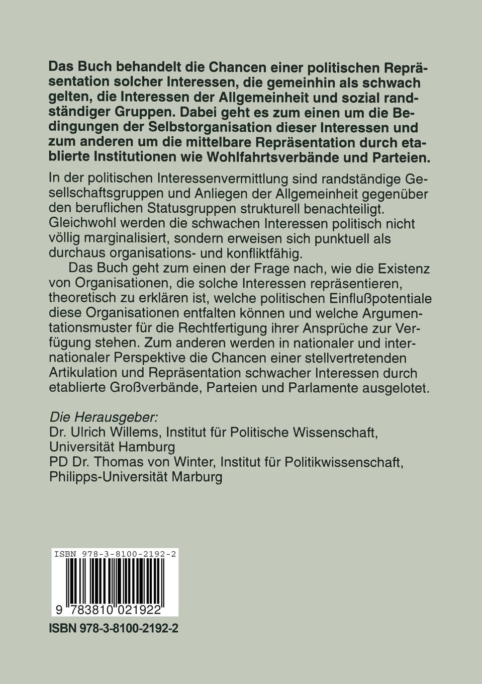 Rückseitencover Politische Repräsentation schwacher Interessen