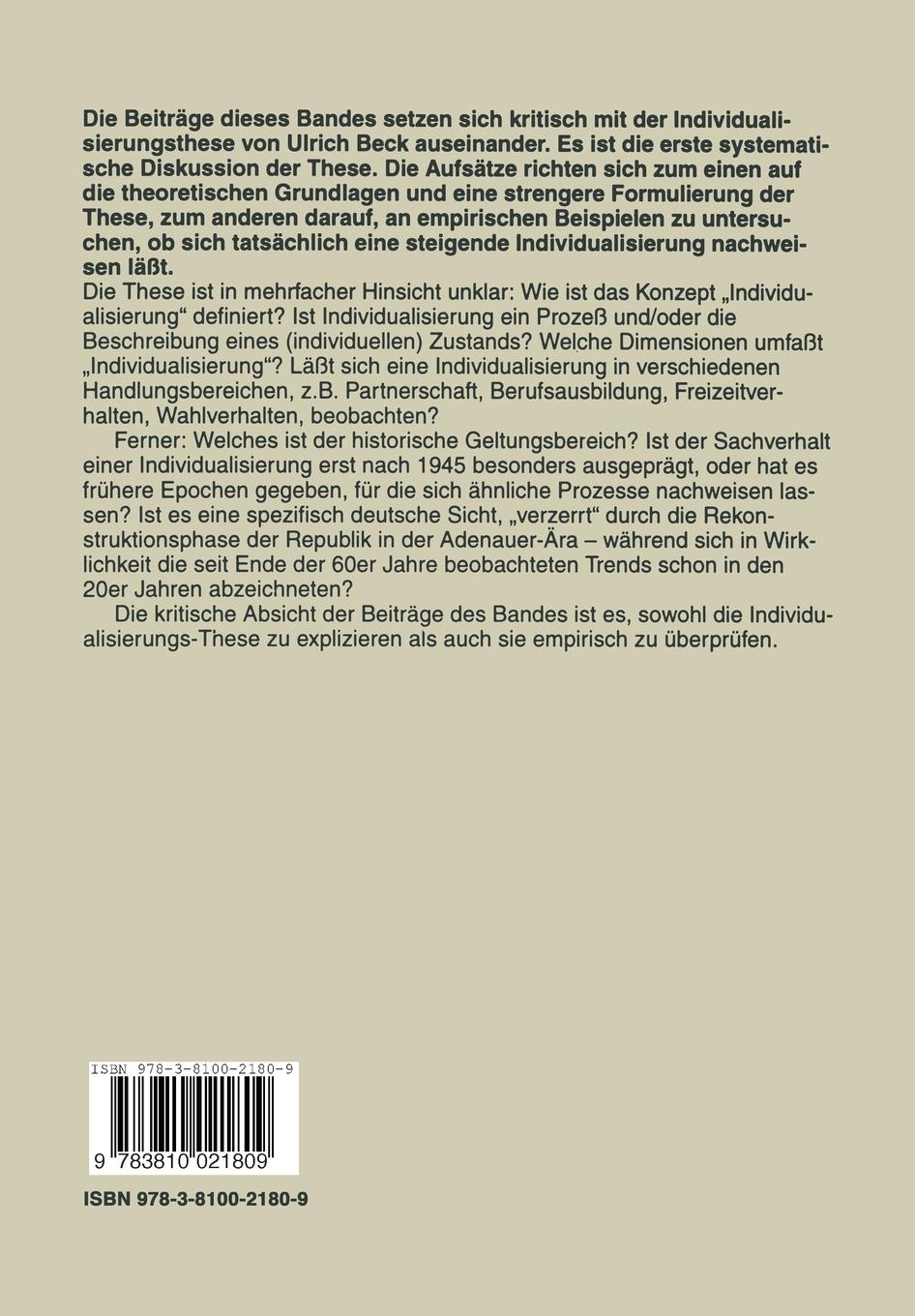 Rückseitencover Die Individualisierungs-These
