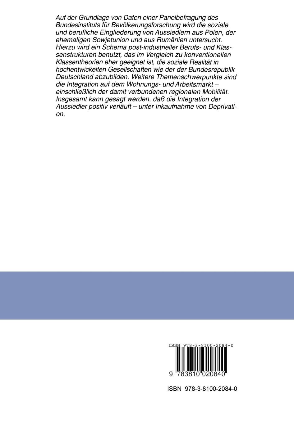 Rückseitencover Zur Eingliederung der Aussiedler in die Gesellschaft der Bundesrepublik Deutschland