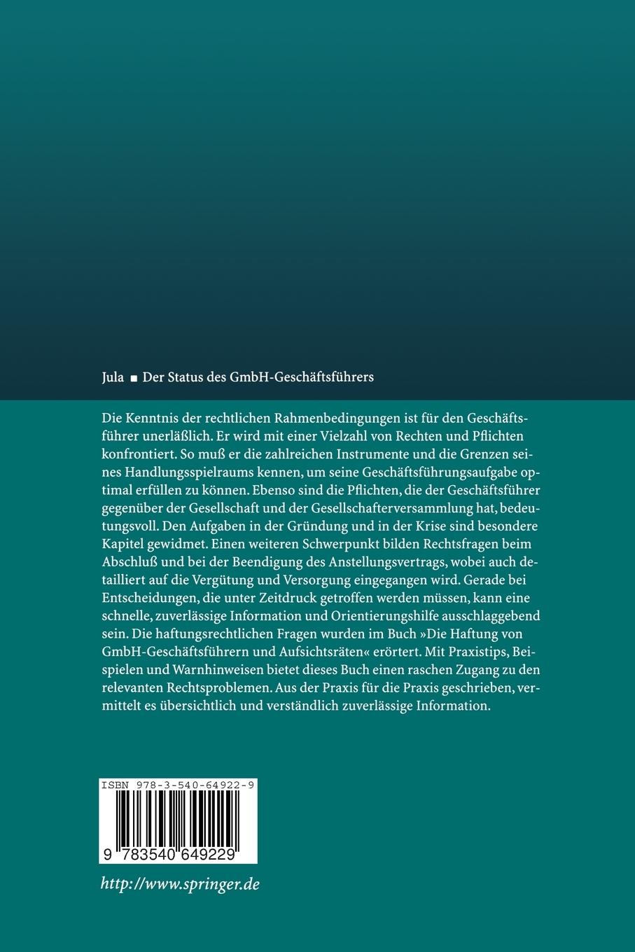 Rückseitencover Der Status des GmbH-Geschäftsführers