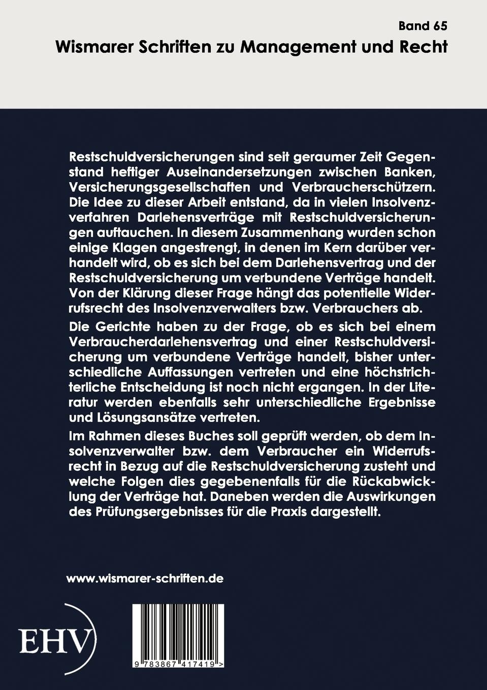 Rückseitencover Widerruflichkeit der Restschuldversicherung bei Verbraucherdarlehen