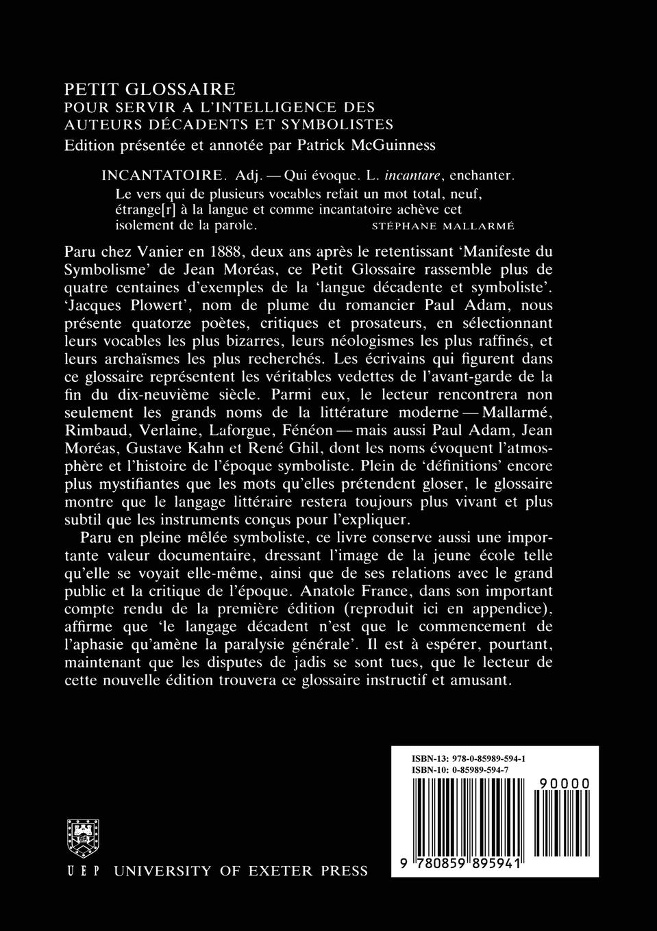 Rückseitencover Petit Glossaire Pour Servir A L'Intelligence Des Auteurs Decadents Et Symbolistes