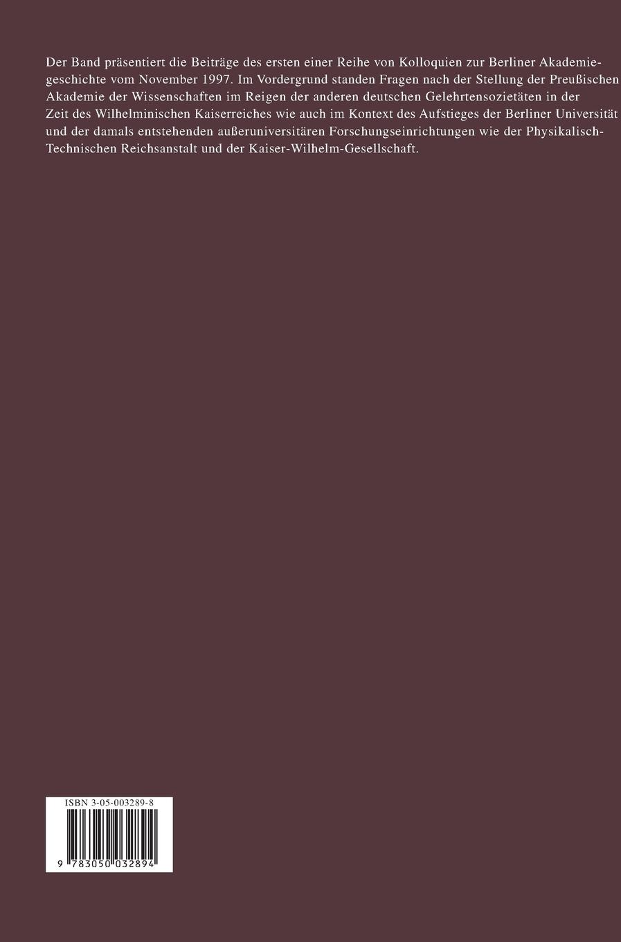 Rückseitencover Die Königlich Preußische Akademie der Wissenschaften zu Berlin im Kaiserreich