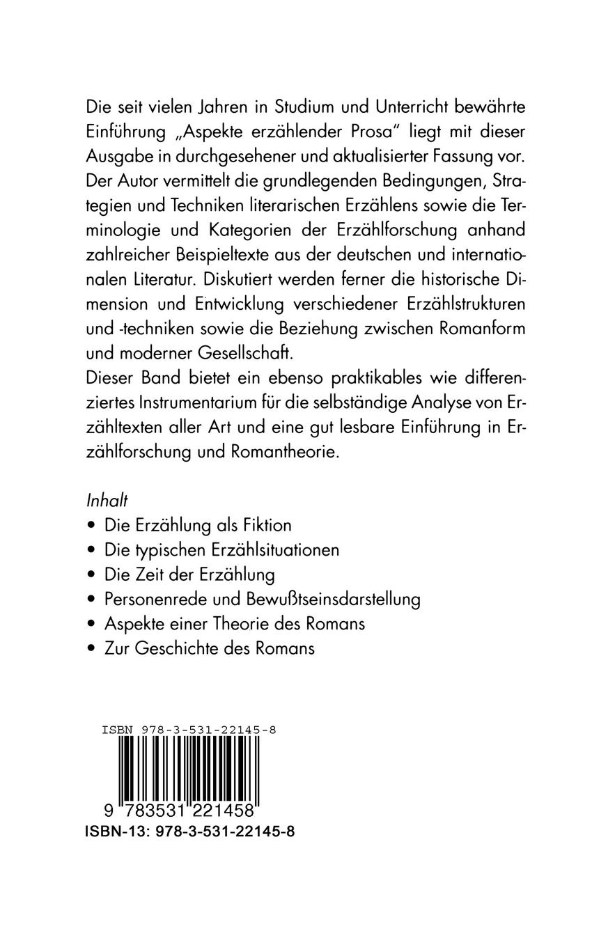 Rückseitencover Aspekte erzählender Prosa