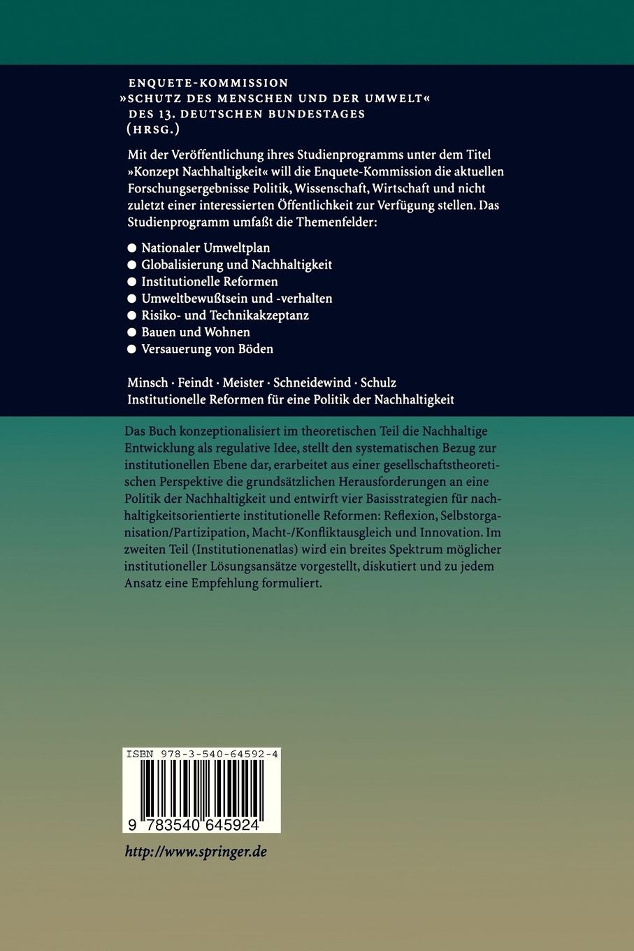 Rückseitencover Institutionelle Reformen für eine Politik der Nachhaltigkeit