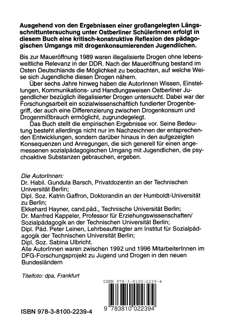 Rückseitencover Jugendliche und Drogen