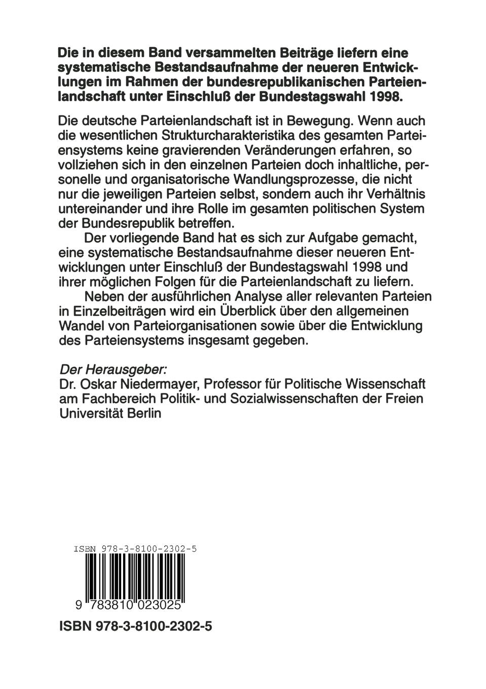 Rückseitencover Die Parteien nach der Bundestagswahl 1998