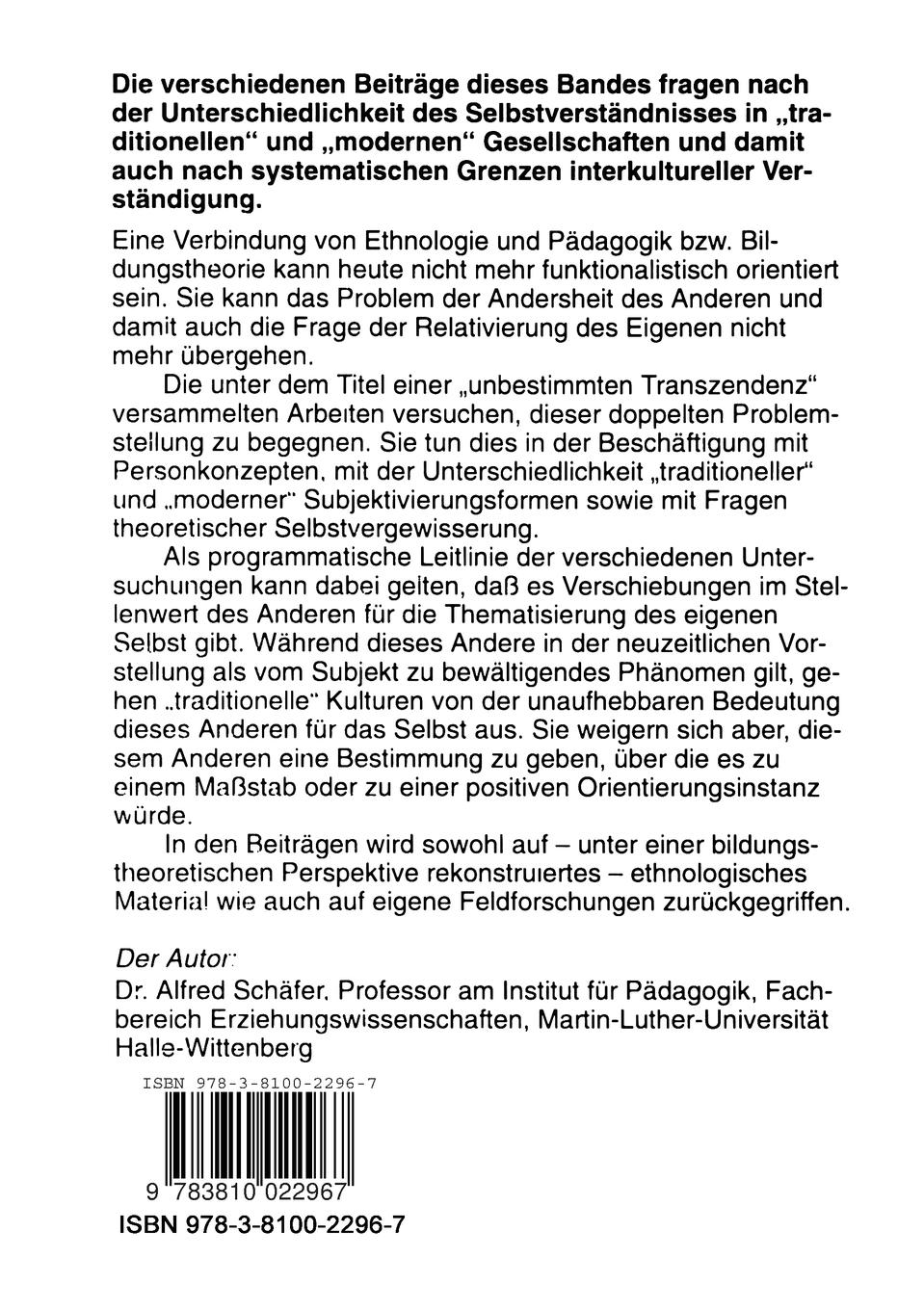 Rückseitencover Unbestimmte Transzendenz