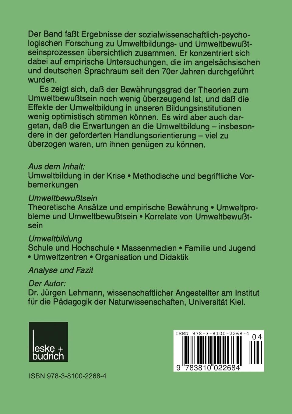 Rückseitencover Befunde empirischer Forschung zu Umweltbildung und Umweltbewußtsein