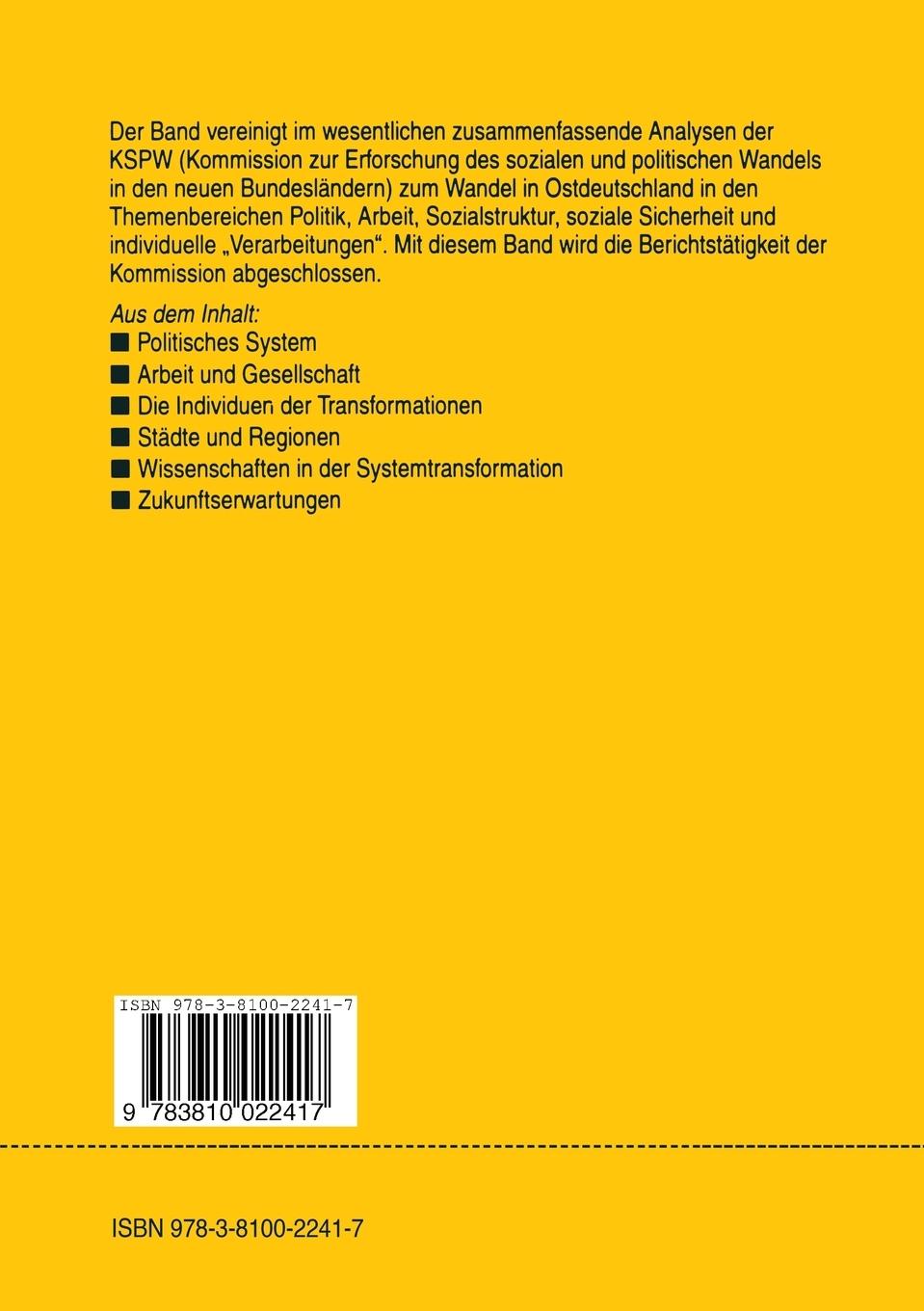 Rückseitencover Die Transformation Ostdeutschlands