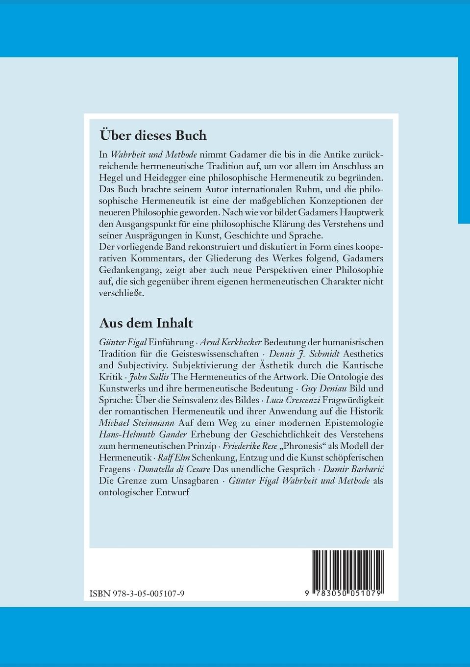Rückseitencover Hans-Georg Gadamer: Wahrheit und Methode
