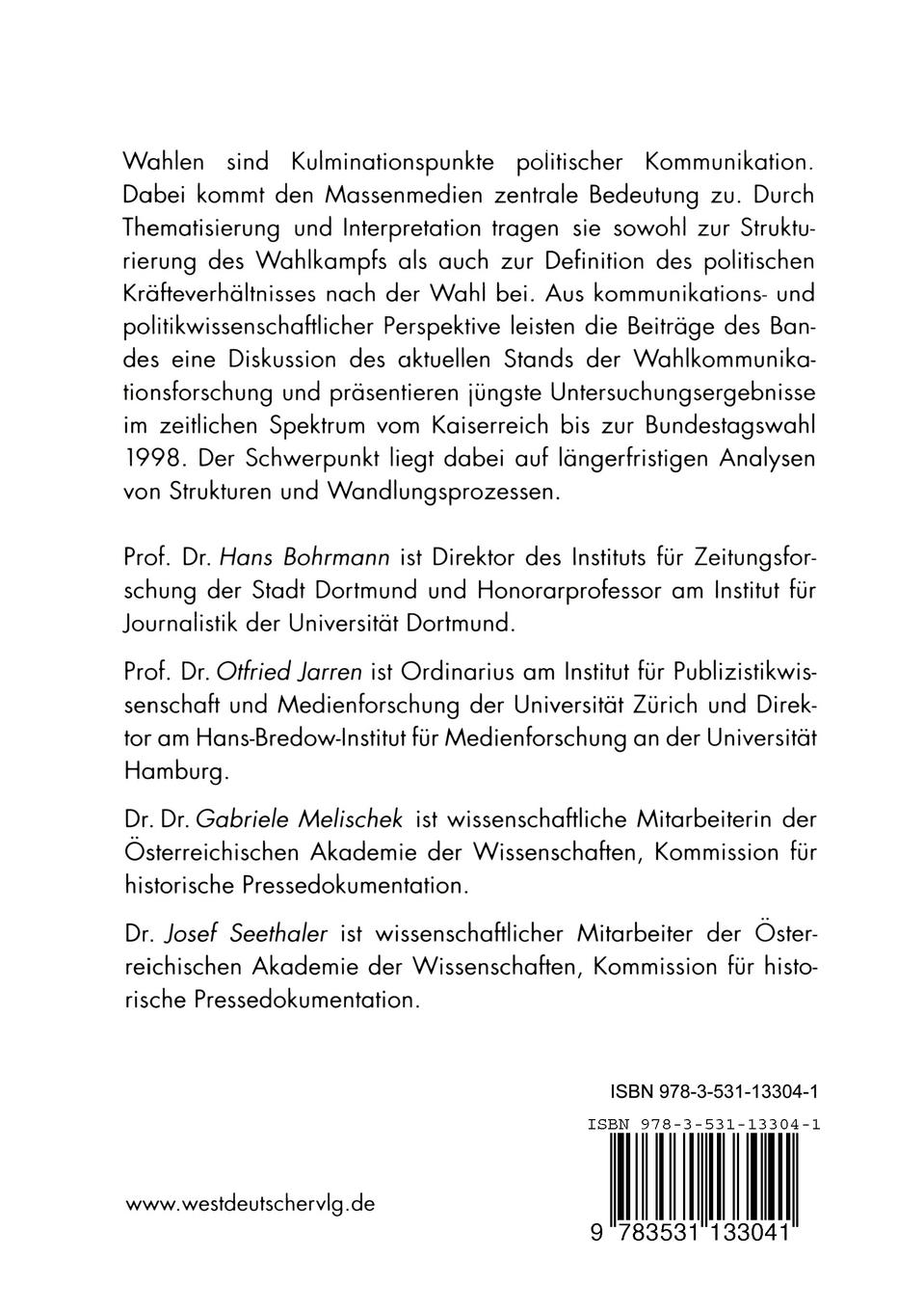 Rückseitencover Wahlen und Politikvermittlung durch Massenmedien