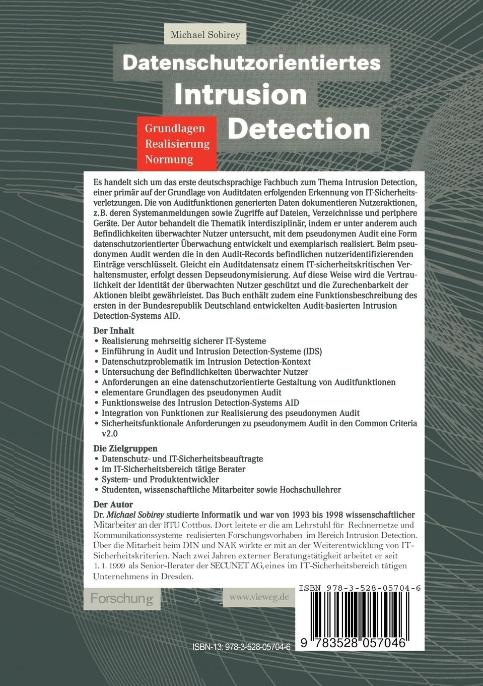 Rückseitencover Datenschutzorientiertes Intrusion Detection