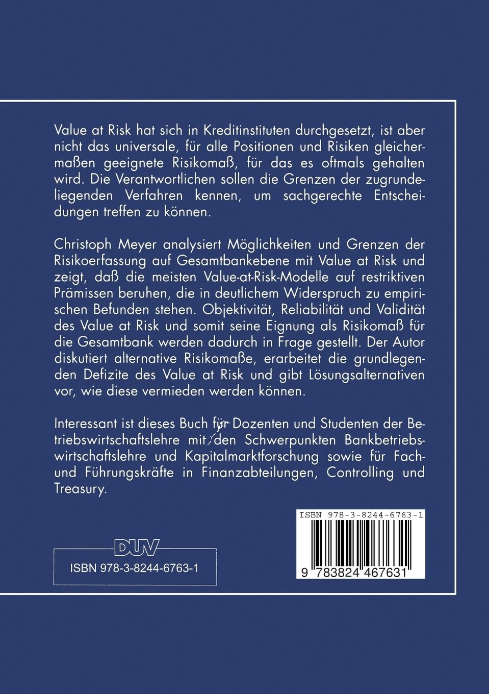 Rückseitencover Value at Risk für Kreditinstitute