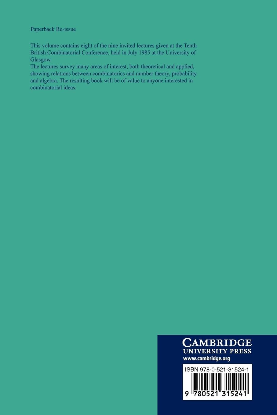 Rückseitencover Surveys in Combinatorics 1985