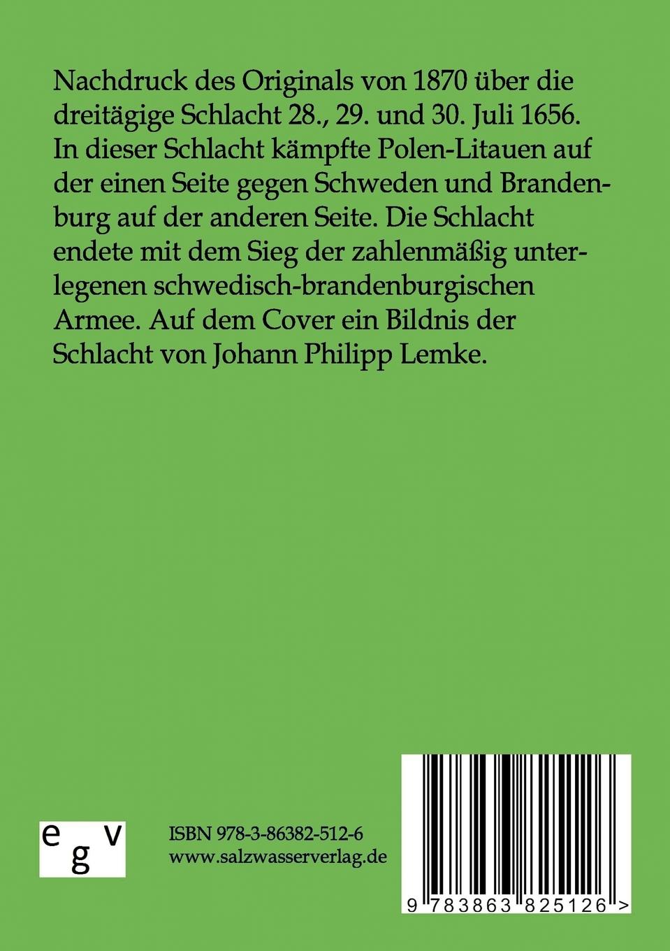 Rückseitencover Die dreitägige Schlacht bei Warschau 28., 29. und 30. Juli 1656