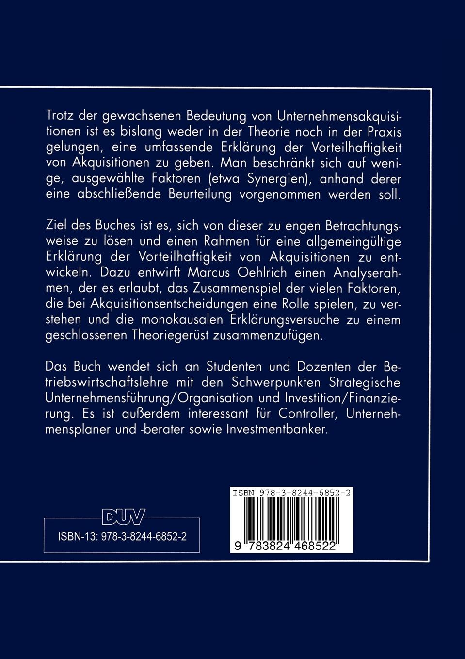 Rückseitencover Strategische Analyse von Unternehmensakquisitionen