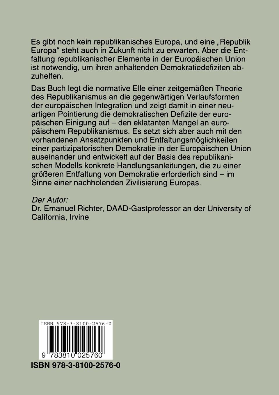 Rückseitencover Das republikanische Europa