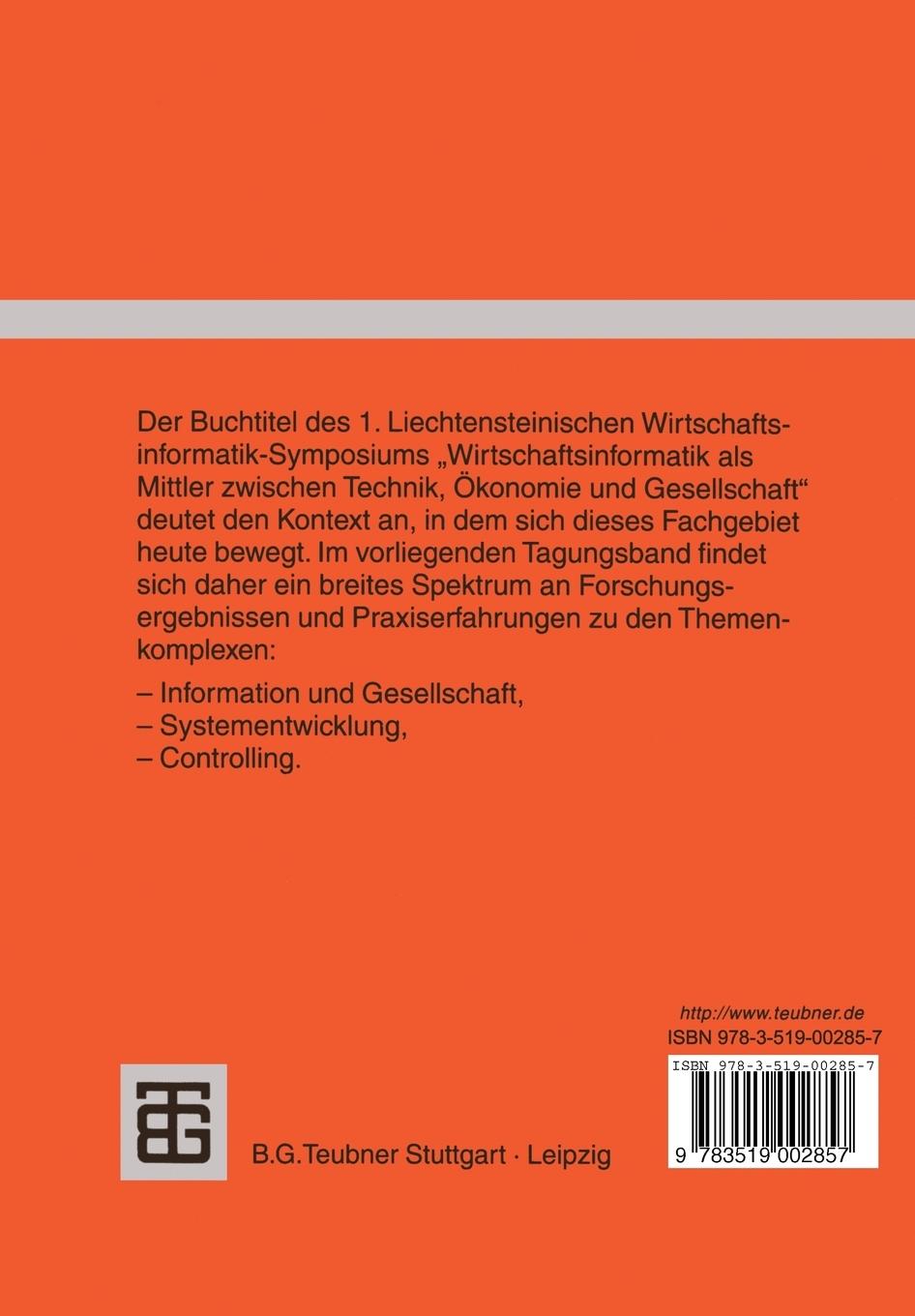 Rückseitencover Wirtschaftsinformatik als Mittler zwischen Technik, Ökonomie und Gesellschaft