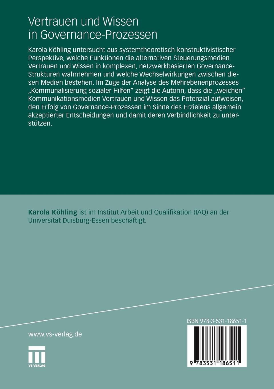 Rückseitencover Vertrauen und Wissen in Governance-Prozessen