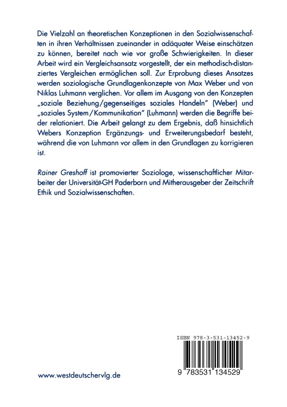 Rückseitencover Die theoretischen Konzeptionen des Sozialen von Max Weber und Niklas Luhmann im Vergleich