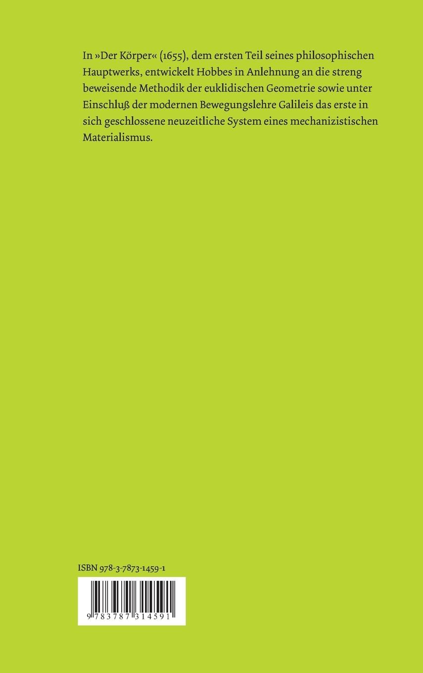 Rückseitencover Elemente der Philosophie. Erste Abteilung: Der Körper. (Elementa Philosophica I) / Elemente der Philosophie. Erste Abteilung. Der Körper.