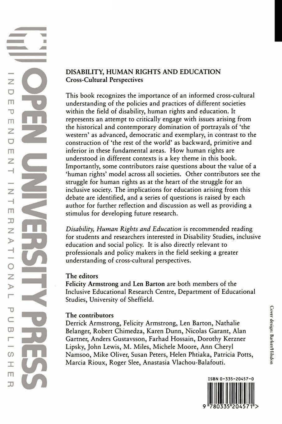 Rückseitencover Disability, Human Rights and Education