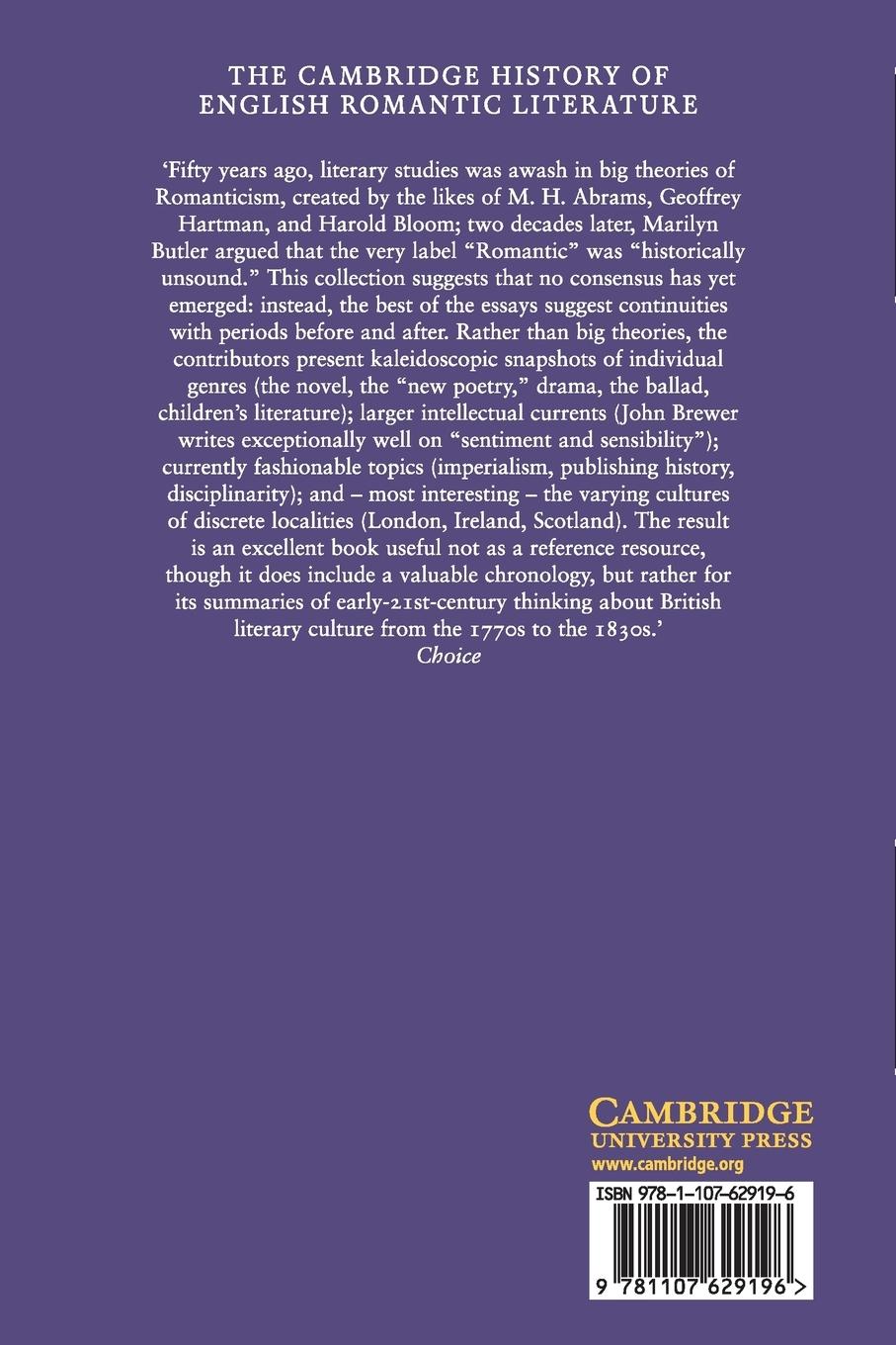 Rückseitencover The Cambridge History of English Romantic             Literature