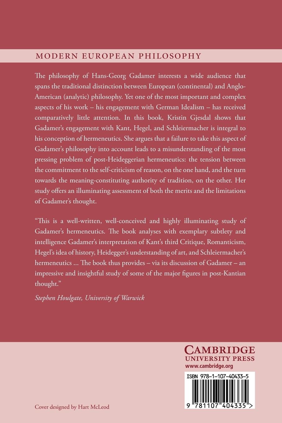 Rückseitencover Gadamer and the Legacy of German Idealism