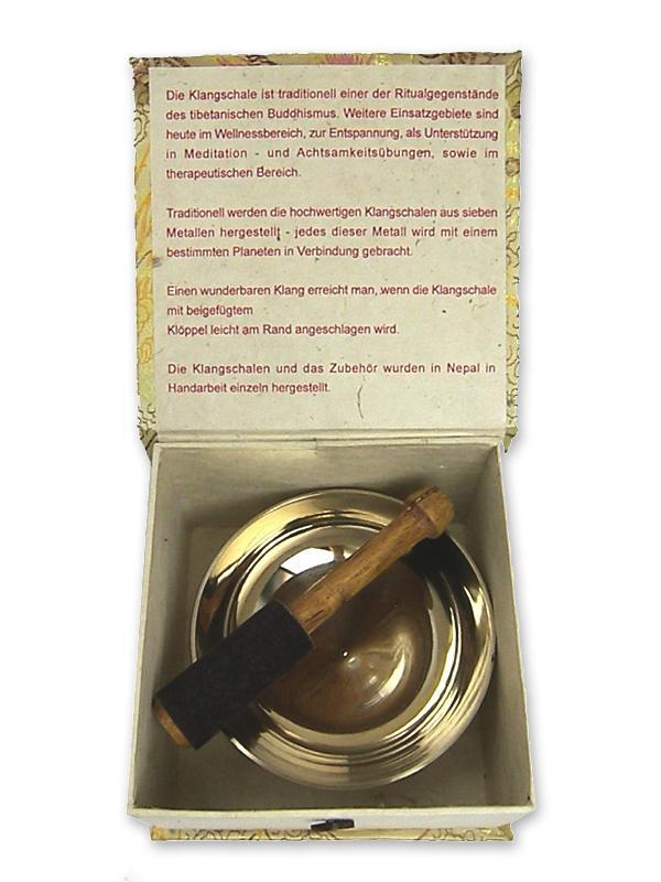 Beispielinhalt (Bild) Flache Klangschale in Box mit cremefarbigem Stoffbezug