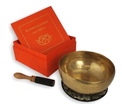 Vorderes Coverbild Klangschale in terracotta Geschenkbox L mit Lotus-Aufdruck und Zubehör