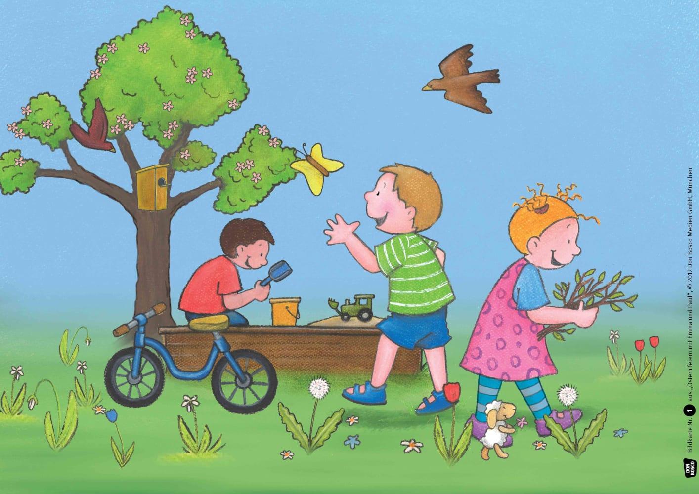 Beispielinhalt (Bild) Ostern feiern mit Emma und Paul. Kamishibai Bildkartenset.
