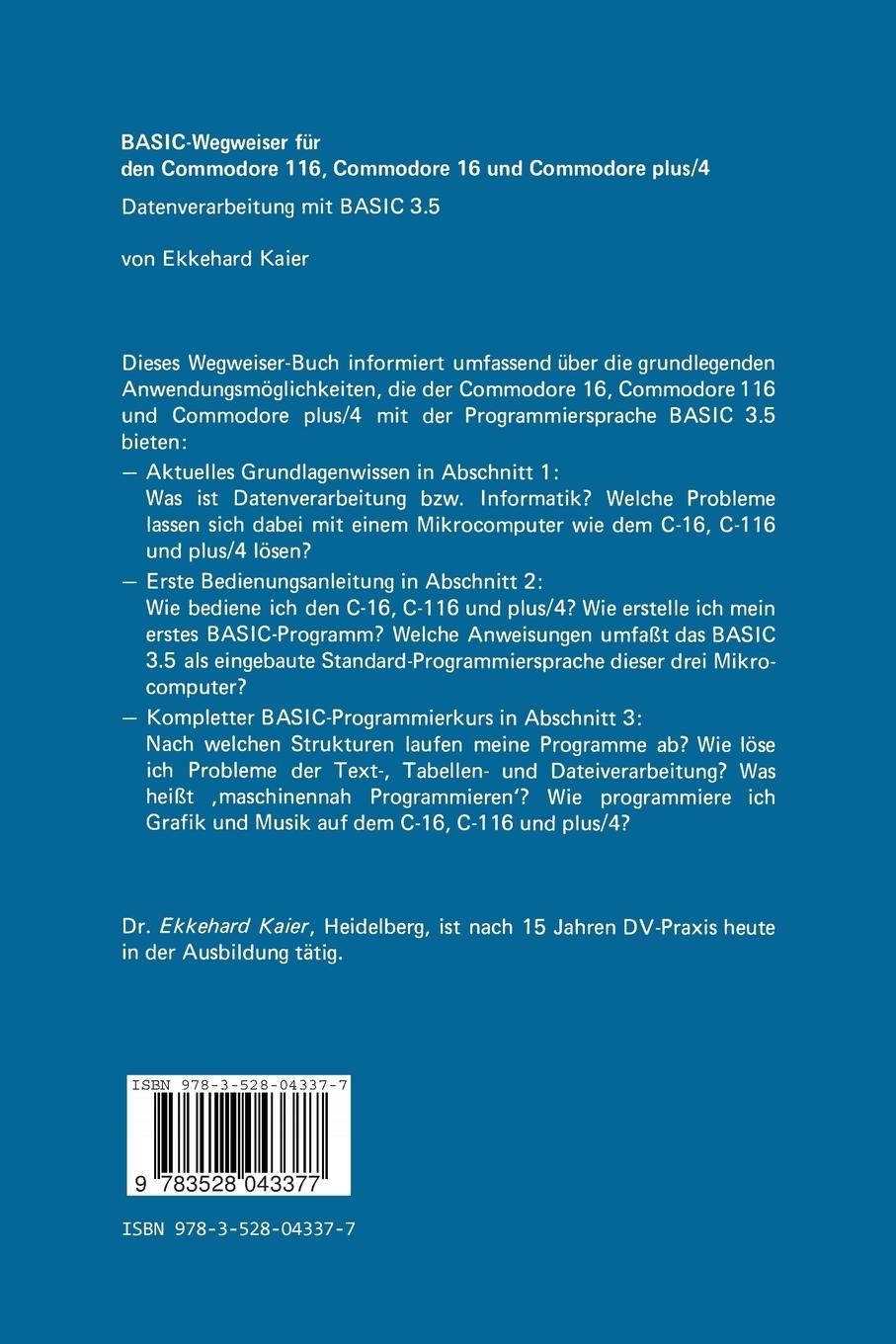 Rückseitencover BASIC-Wegweiser für den Commodore 116, Commodore 16 und Commodore plus/4