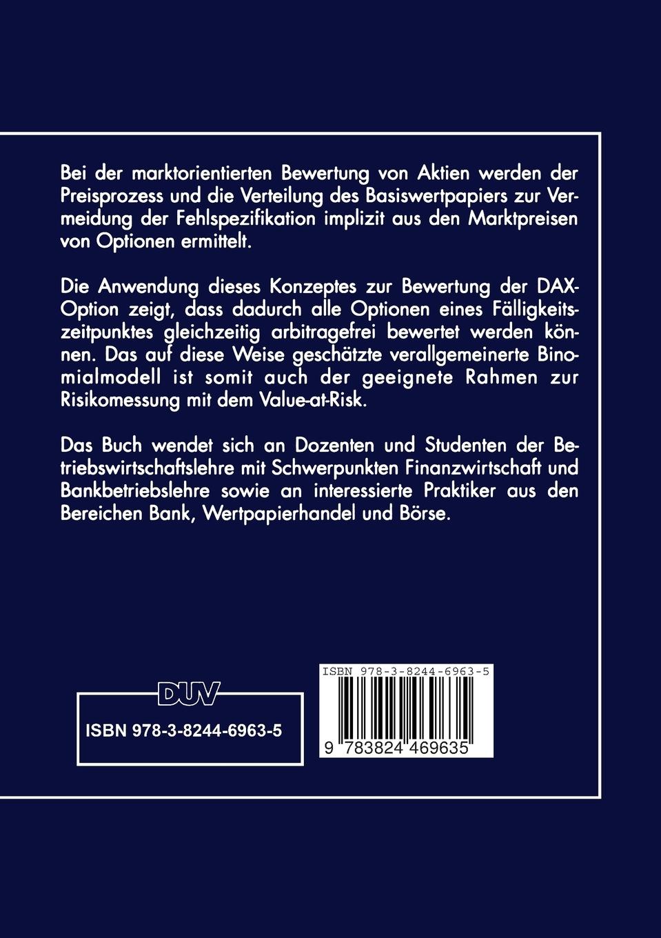 Rückseitencover Optionsbewertung und Risikomessung mit impliziten Binomialbäumen