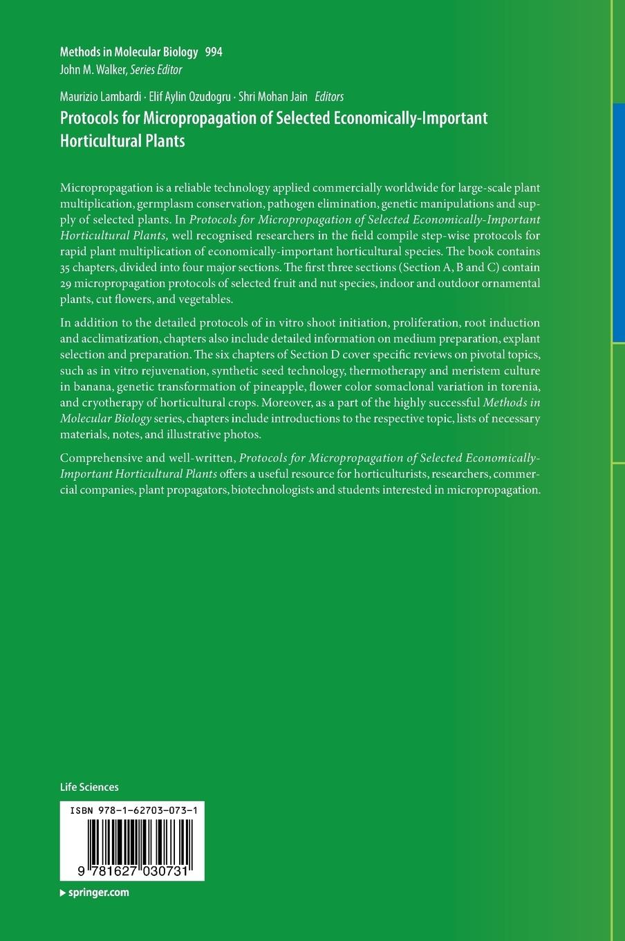 Rückseitencover Protocols for Micropropagation of Selected Economically-Important Horticultural Plants