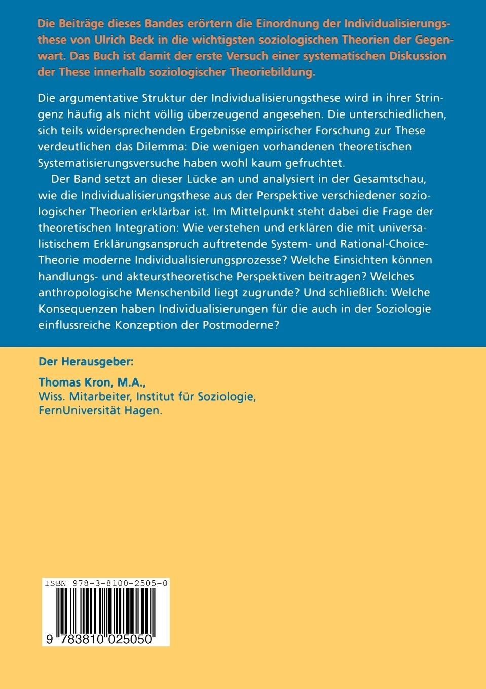 Rückseitencover Individualisierung und soziologische Theorie