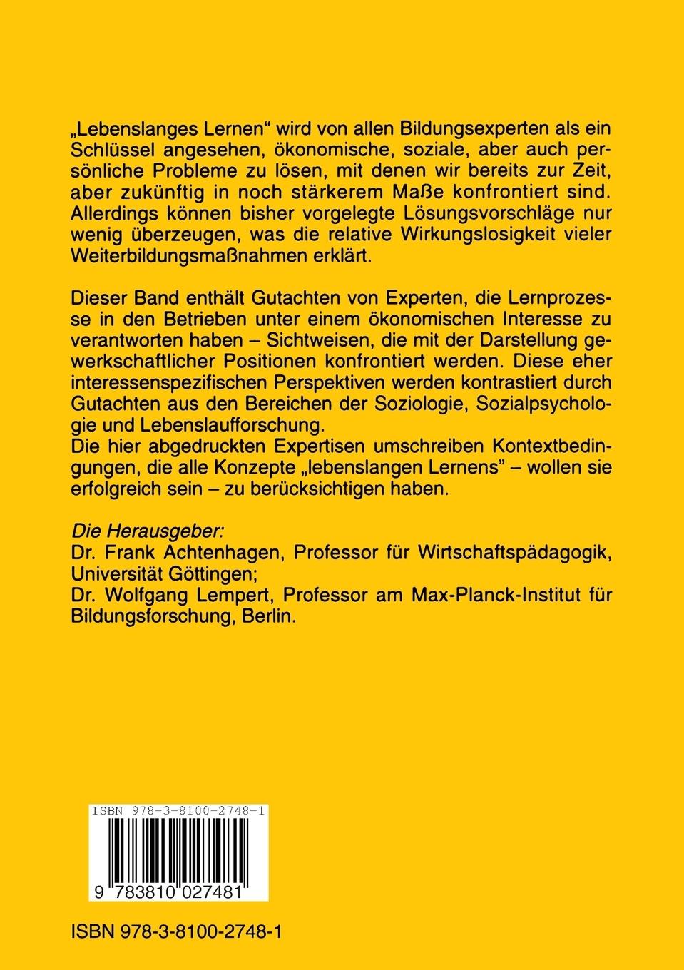 Rückseitencover Lebenslanges Lernen im Beruf - seine Grundlegung im Kindes- und Jugendalter