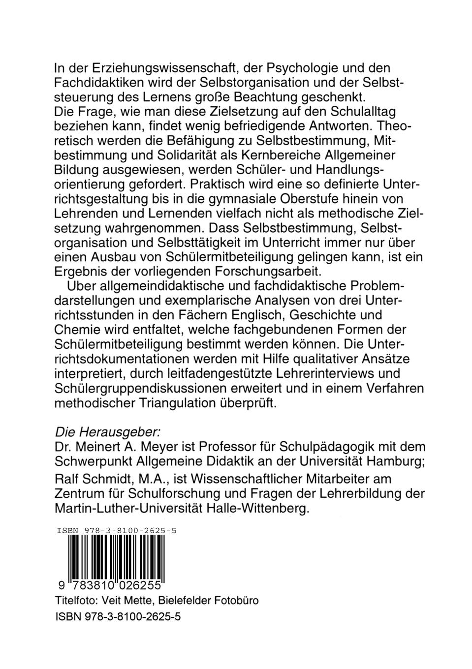 Rückseitencover Schülermitbeteiligung im Fachunterricht