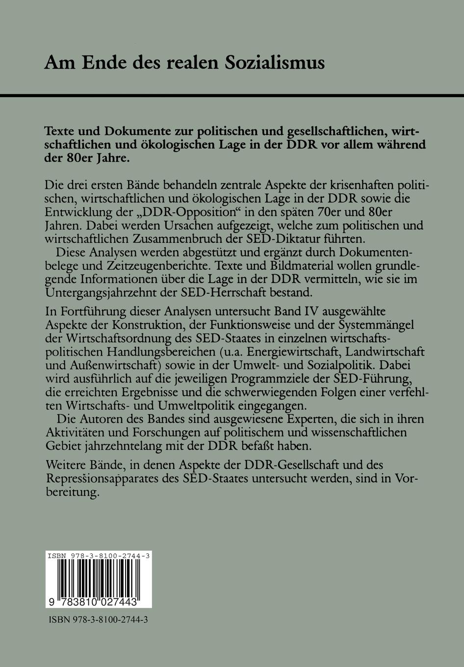 Rückseitencover Die Endzeit der DDR-Wirtschaft - Analysen zur Wirtschafts-, Sozial- und Umweltpolitik