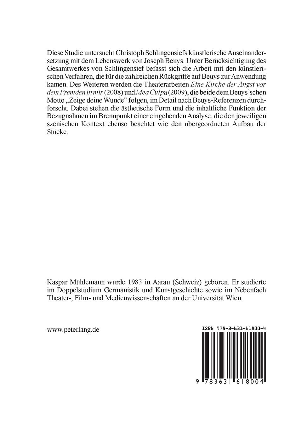 Rückseitencover Christoph Schlingensief und seine Auseinandersetzung mit Joseph Beuys