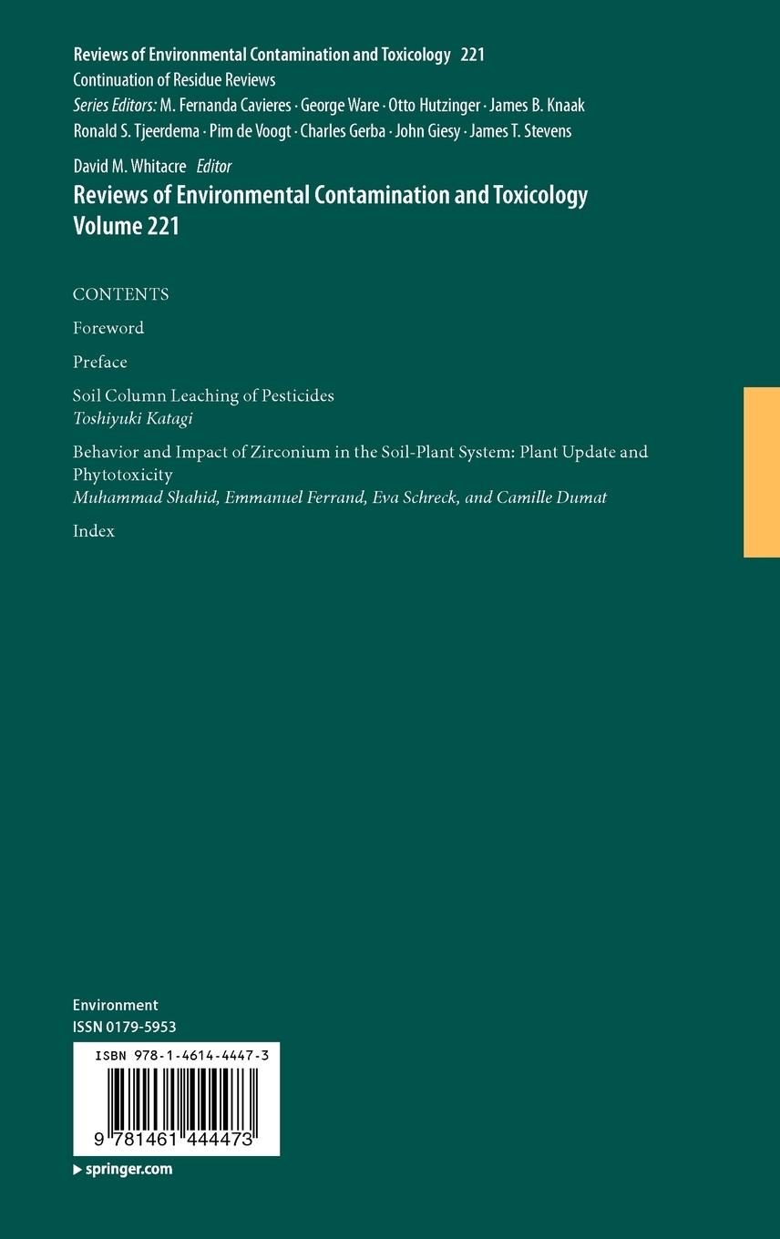 Rückseitencover Reviews of Environmental Contamination and Toxicology Volume 221