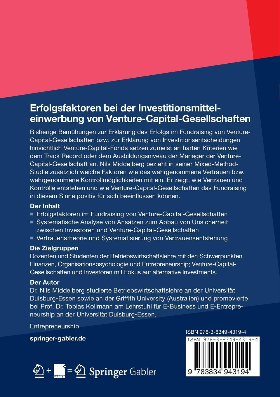 Rückseitencover Erfolgsfaktoren bei der  Investitionsmitteleinwerbung  von Venture-Capital-Gesellschaften