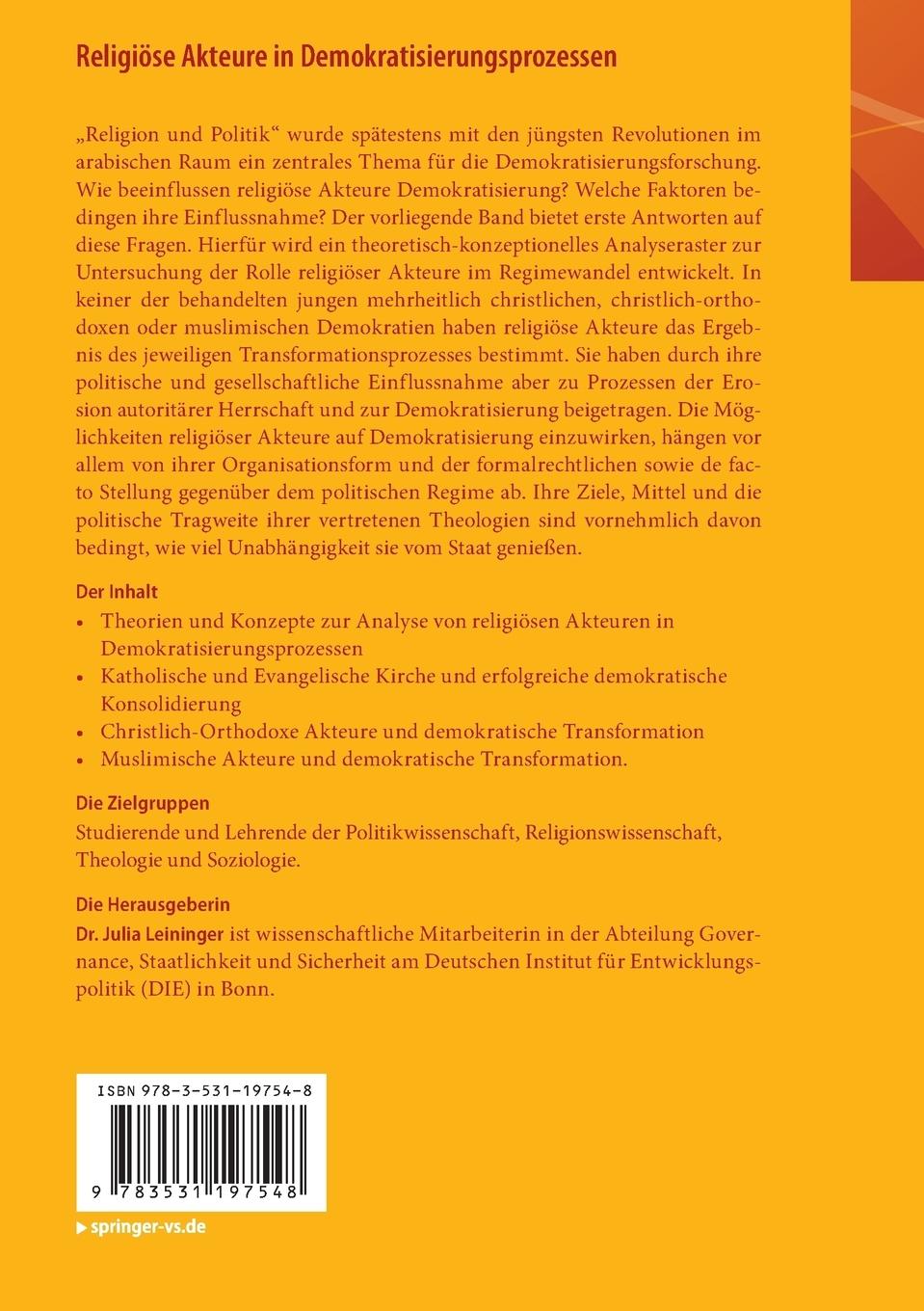 Rückseitencover Religiöse Akteure in Demokratisierungsprozessen