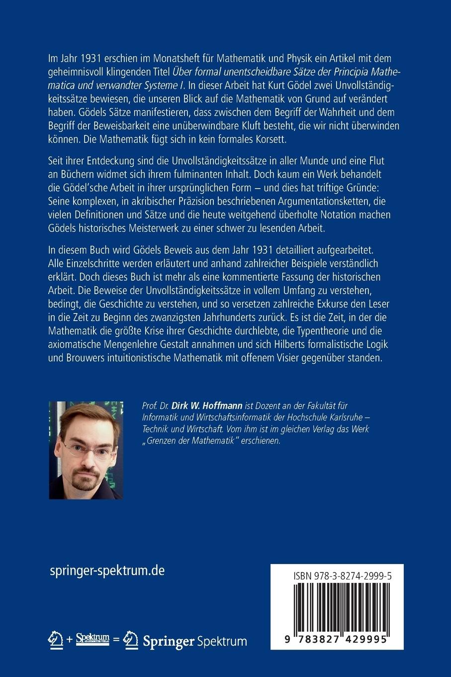 Rückseitencover Die Gödel'schen Unvollständigkeitssätze